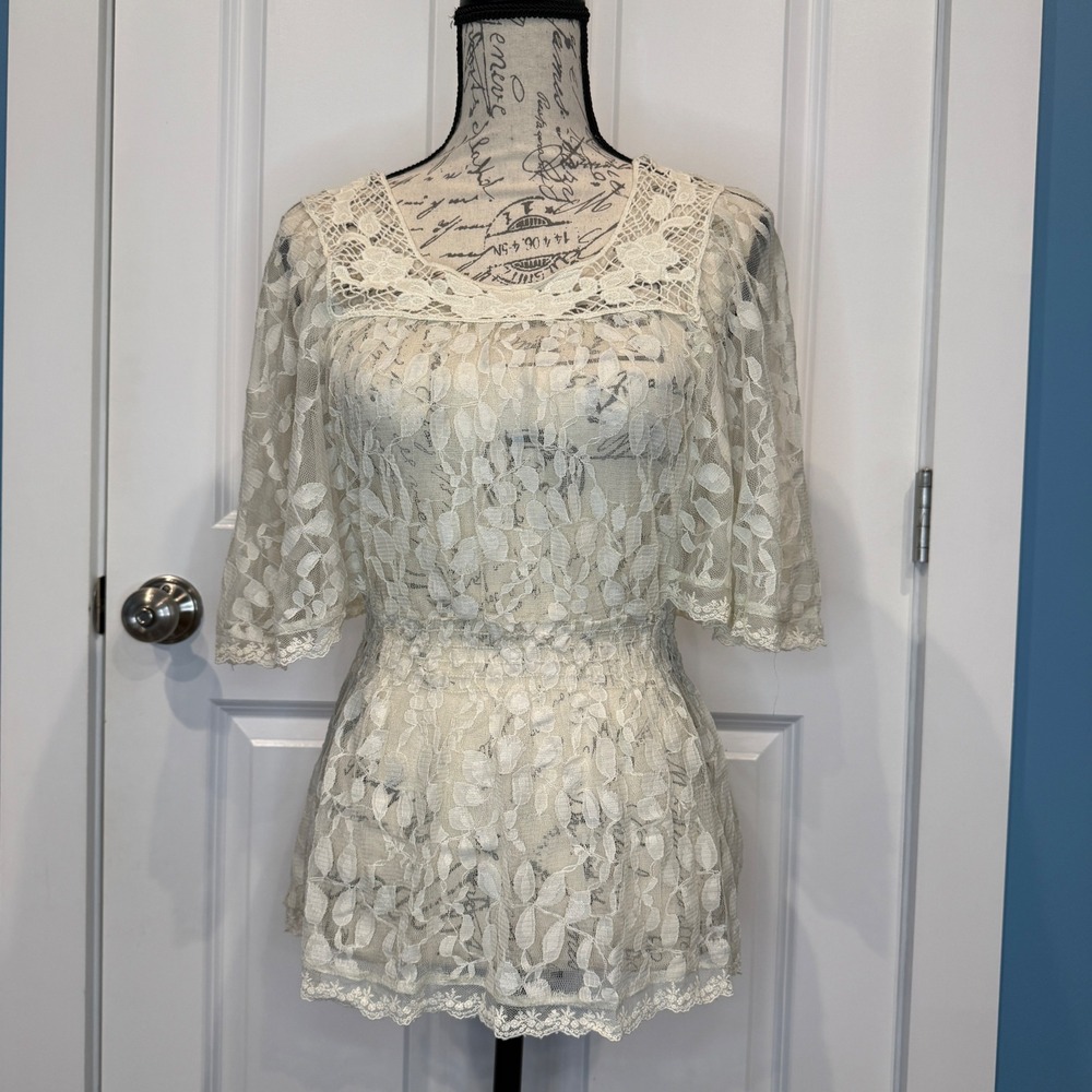 Ultra Pink Lace Sheer Peplum Top Blouse Women Size S Ivory Sheer Overlay